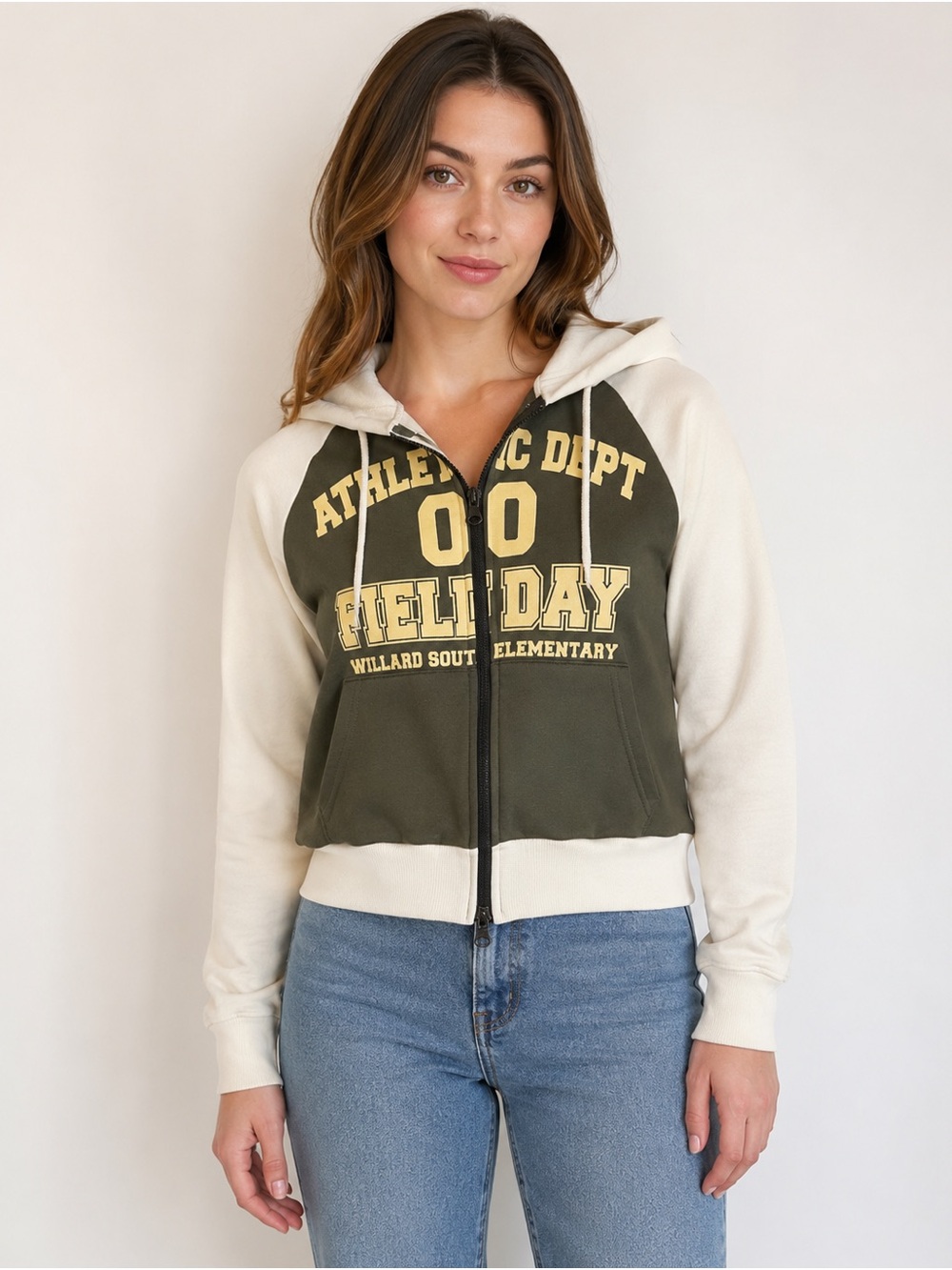Korean Cherrybomb Y2K Zip Hoodie Olive & Cream - Unisex S/M